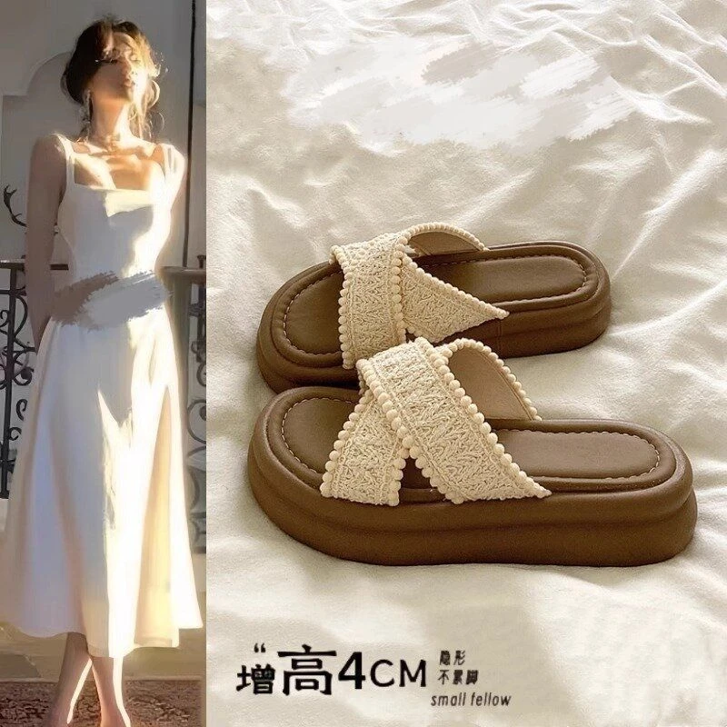 115厚底拖鞋女外穿2025新款网红配裙子波西米亚海边沙滩一字拖鞋