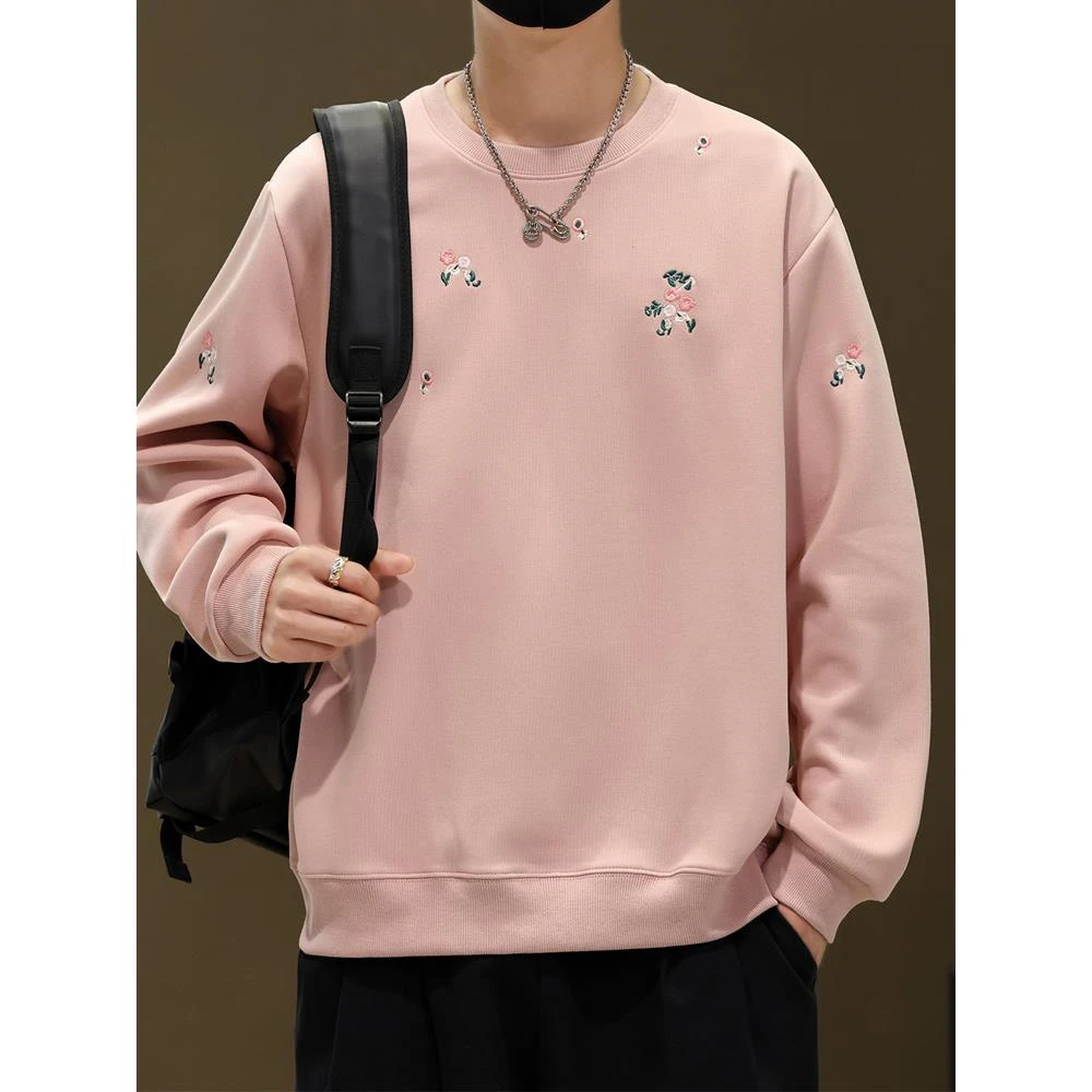ICCLEK刺绣套头卫衣男春秋季潮牌痞帅粉色长袖t恤男生宽松打底衫