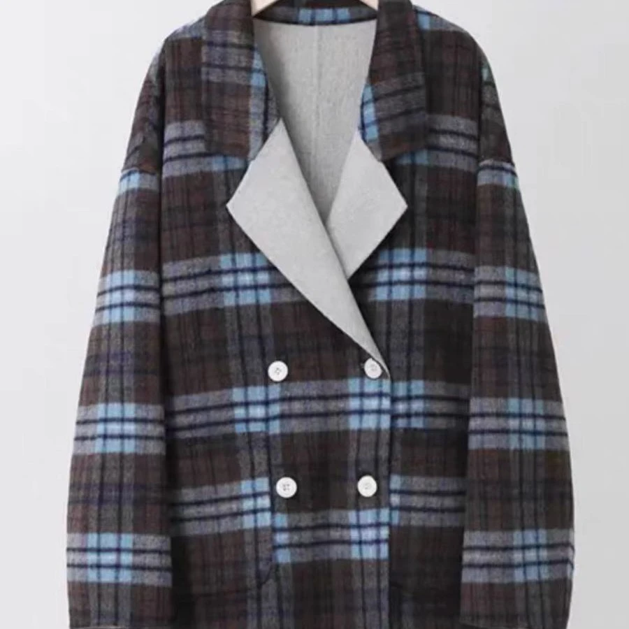 双面穿格纹毛呢大衣女秋冬气质显瘦撞色设计感短款西装外套