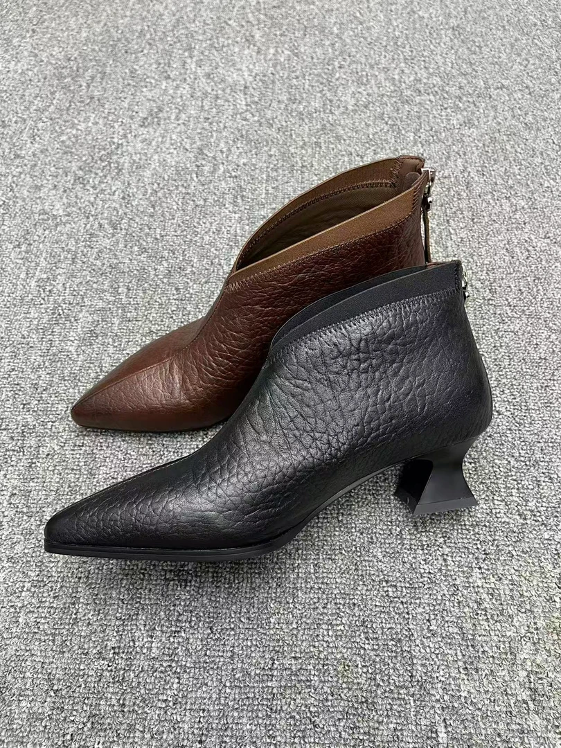 丽尔手工女鞋]3厘米粗跟真皮软底时尚尖头气质老钱风必备女鞋短靴