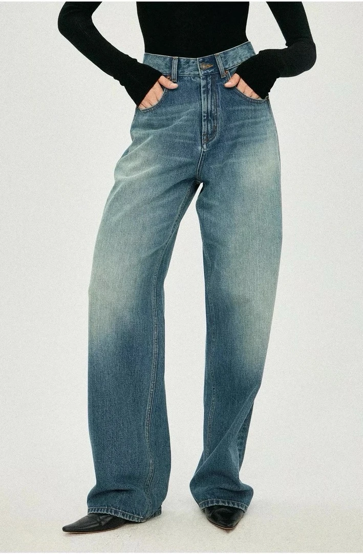 中腰厚款摩登风休闲洗牛仔裤设计感百搭美式宽松显瘦蓝色直筒