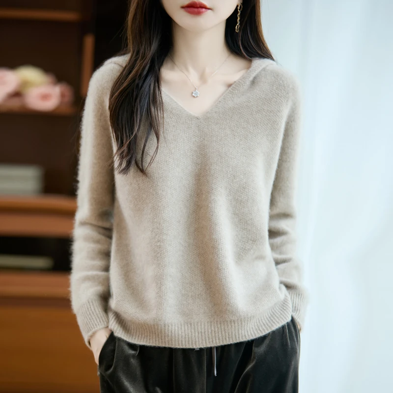 【一线成衣】加厚桂花针100纯羊毛V领连帽衫女宽松百搭针织套头衫