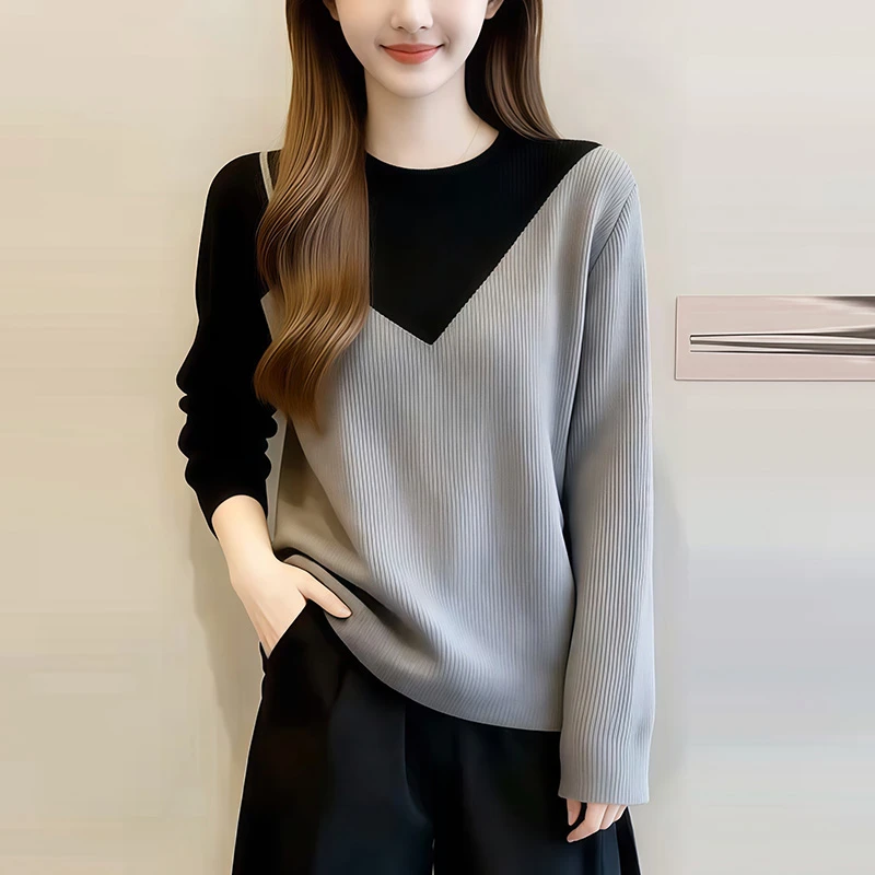 韩版撞色假两件针织打底衫女早秋季新款显瘦长袖小衫气质内搭上衣