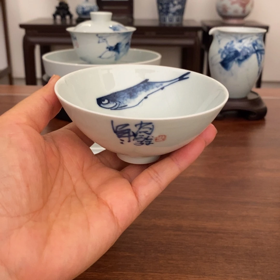 迪***拿景德镇艺术白眼鱼单杯