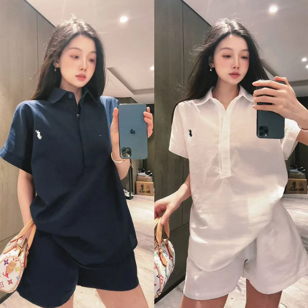2025老钱感套装薄款刺绣显瘦套装宽松时尚百搭翻领半袖polo领上衣
