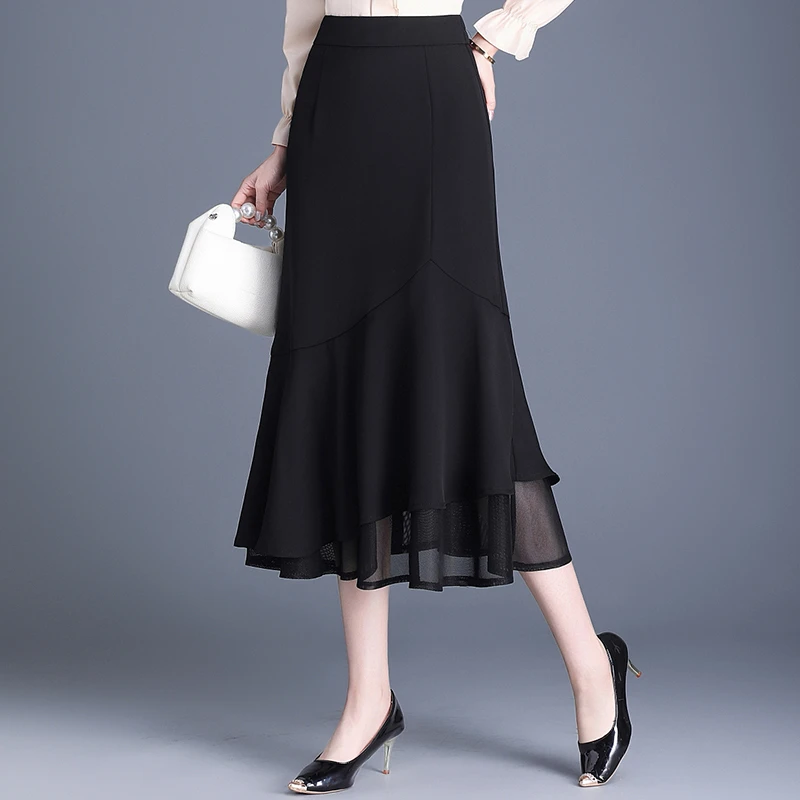 收腰遮肚鱼尾裙包臀裙网纱边拼接高腰半身裙女夏显瘦冰凉丝一步裙