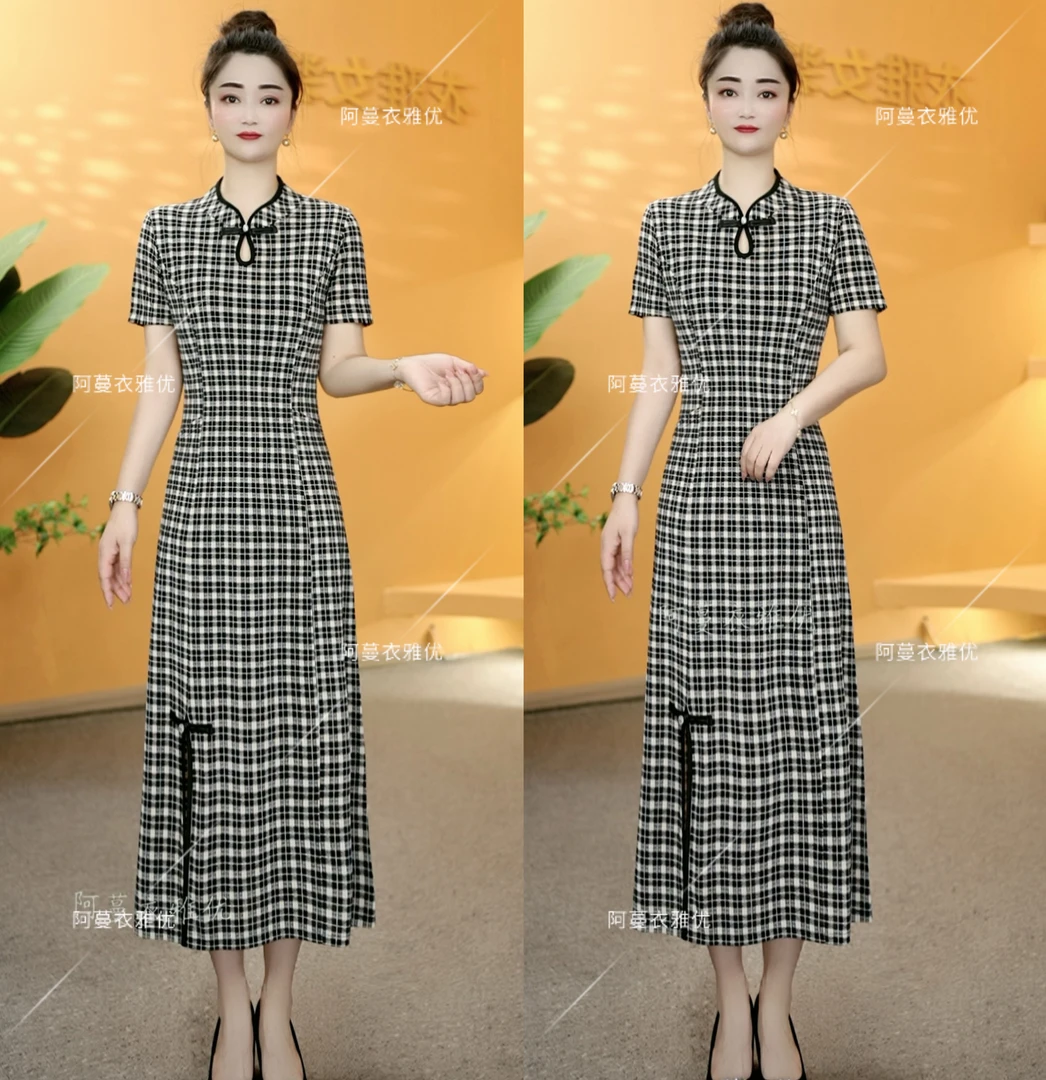 【衣雅严选】1294-170新品气质时尚中长款格子修身开叉旗袍连衣裙
