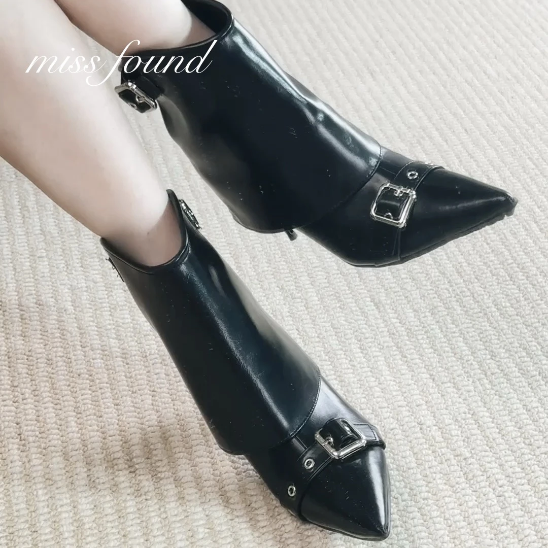 黑色皮面尖头短靴女裤管皮带扣中筒细跟高跟鞋性感2025秋冬新款