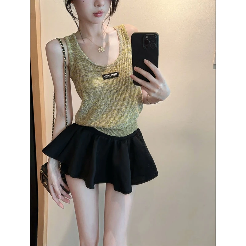 2025夏季新款性感辣妹字母贴标针织吊带背心女高腰百搭短裙两件套