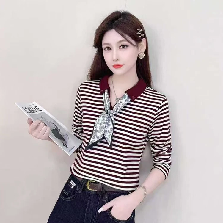 秋季条纹长袖T恤带丝巾百搭打底衫休闲时尚显瘦上衣百搭打底衫