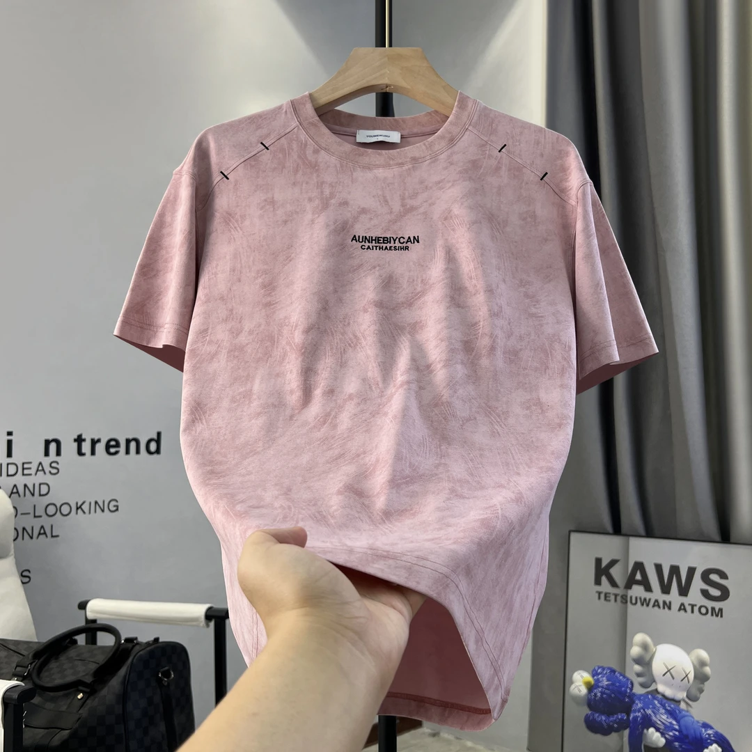 男士2025夏季重工刺绣爆款短袖男高档拼接扎染休闲圆领t恤【5667】