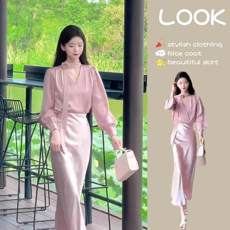 VOCKOO官方粉色衬衫开春穿搭一整套裙子女两件套职业法式气质上衣