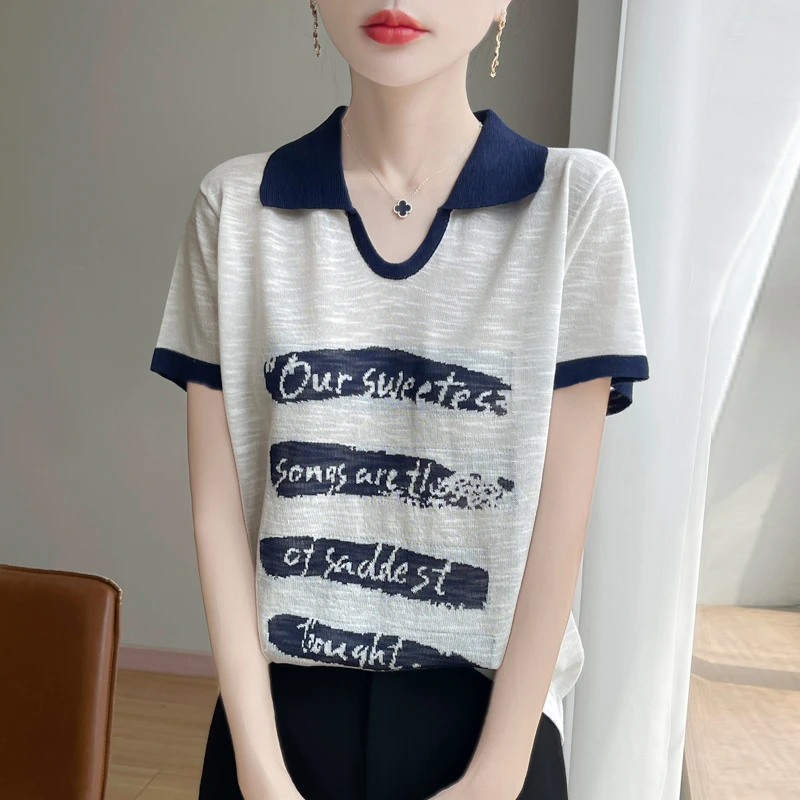 上身有型~ 竹节麻剪刀翻领撞色短袖夏新款薄款透气凉感显瘦T恤