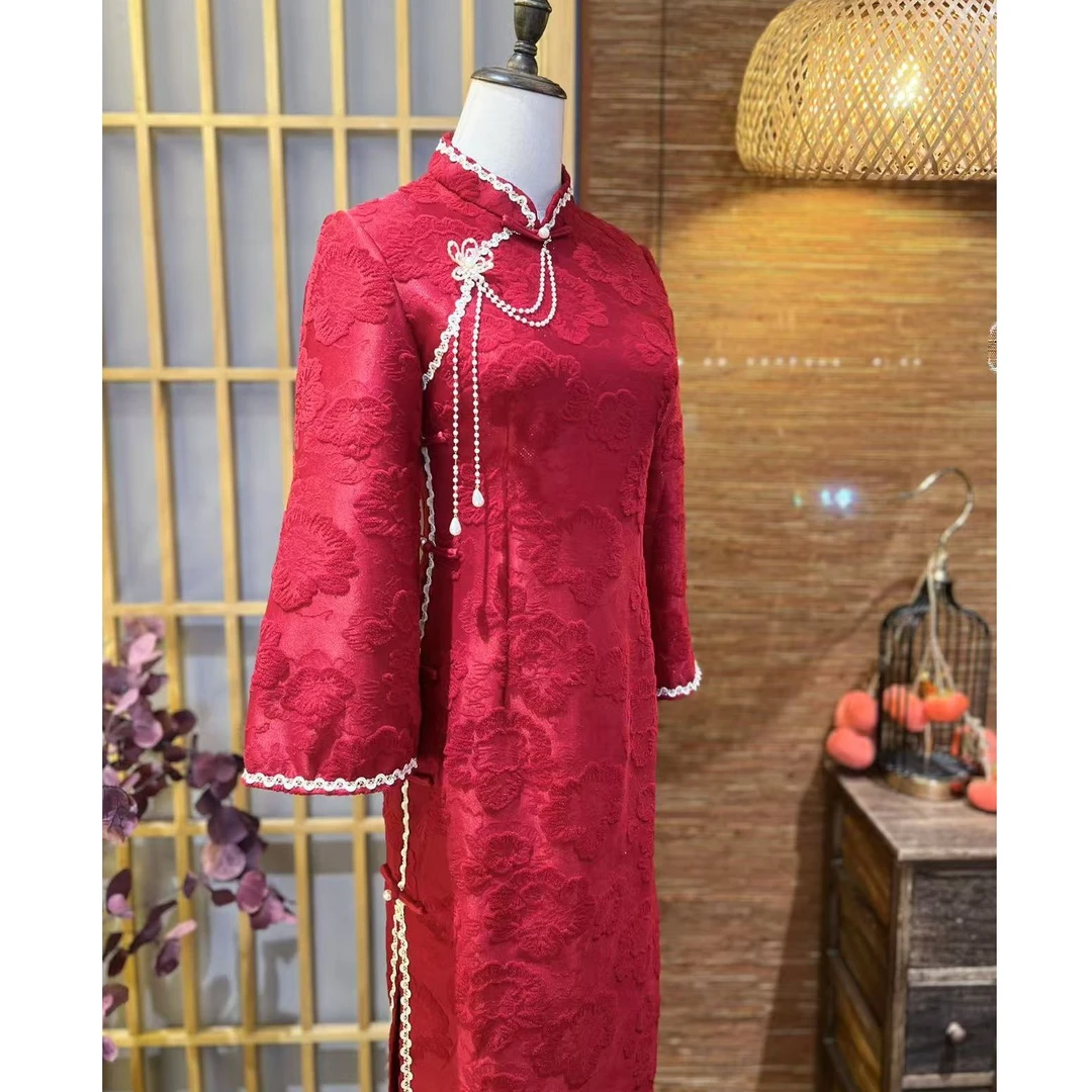 戚薇原创【十里红妆】立体植绒长118秋冬旗袍气质优雅国风连衣裙