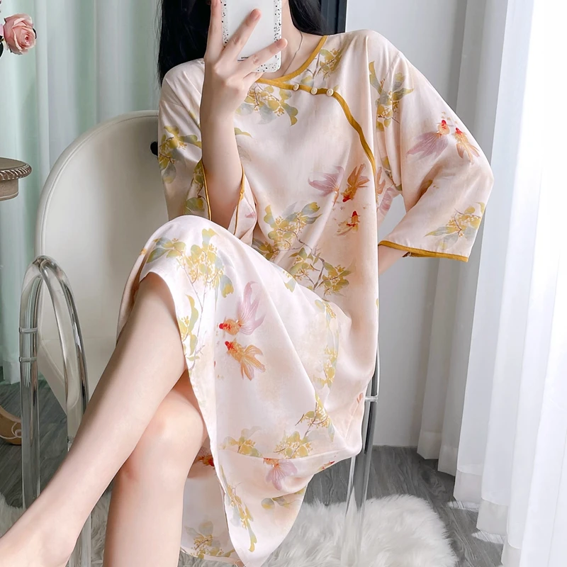 【新中式】棉绸睡衣女中袖睡裙大码人造棉绵绸薄款宽松家居服长裙