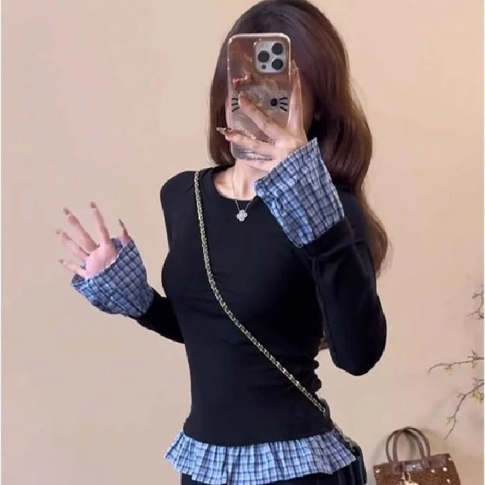 法式别致独特拼接女2024春秋新款黑色修身百搭T恤