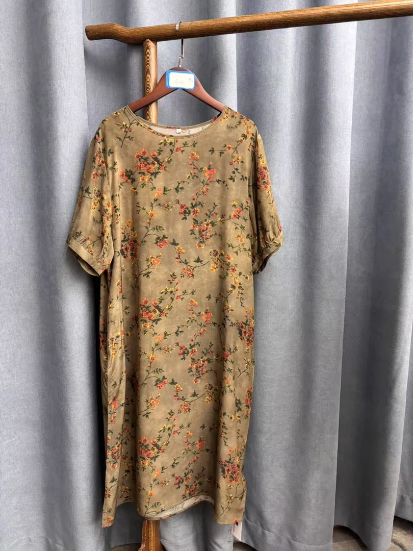 2025夏季新款简约百搭桑蚕丝双绉印花连衣裙女A014