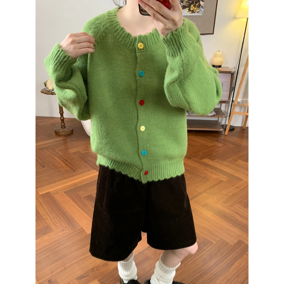 韩系软糯多巴胺彩扣针织开衫女秋冬新款宽松显瘦百搭显白毛衣外套
