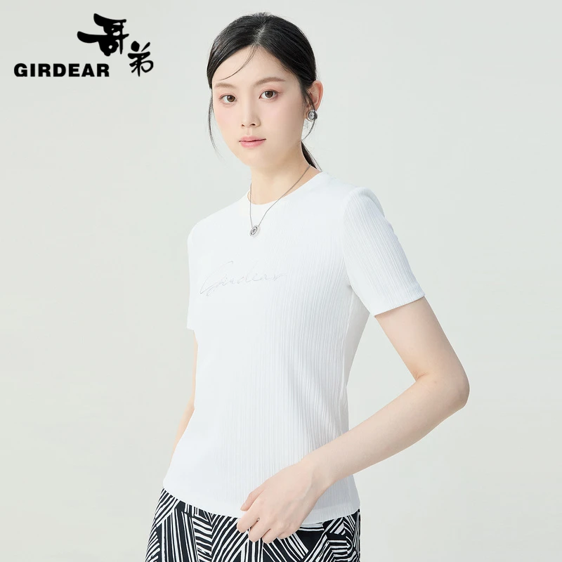 哥弟新款女装细坑条深呼吸字母印花修身圆领显瘦短袖T恤女1300896