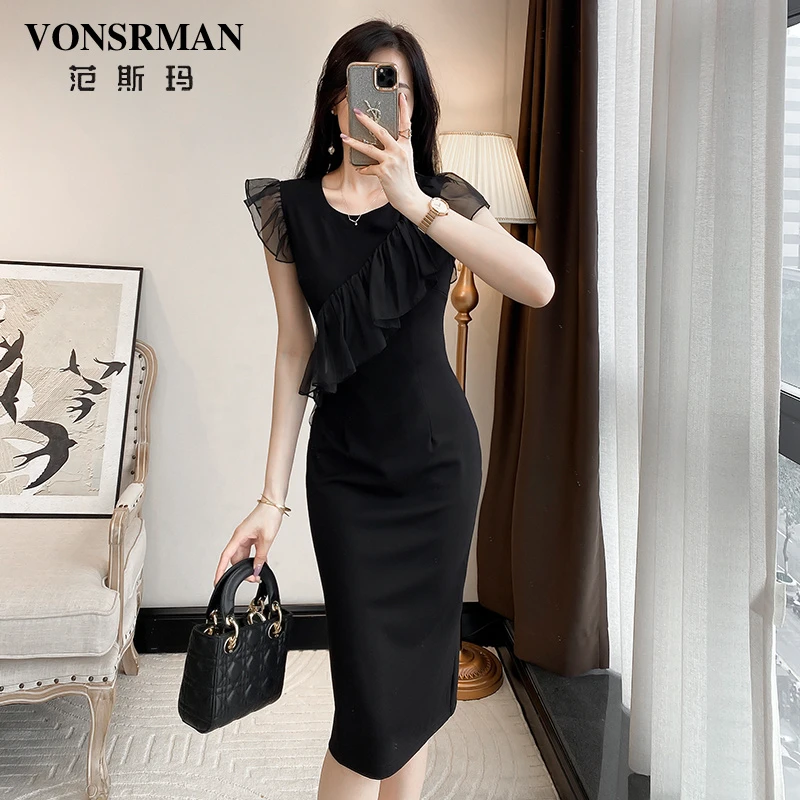 时尚气质法式连衣裙女2025夏季小黑裙性感黑色收腰修身名媛包臀裙