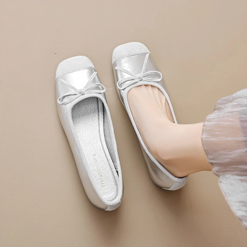 法式方头单鞋女2025年秋季新款一脚蹬蝴蝶结厚底内增高浅口奶奶鞋