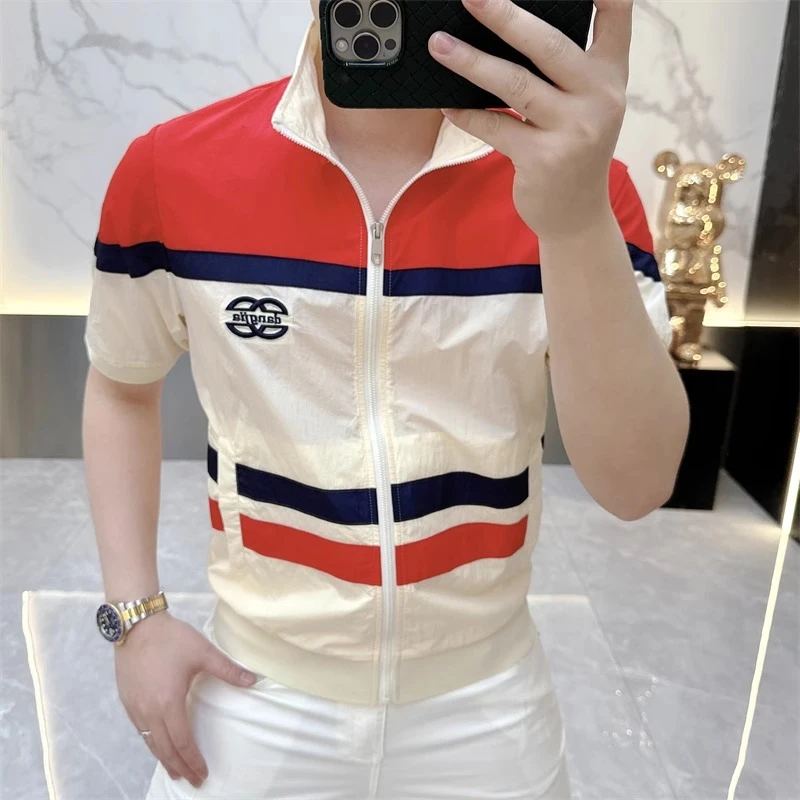 欧货轻奢高品质短袖T恤男时尚百搭半袖拉链条纹立领印花上衣2516