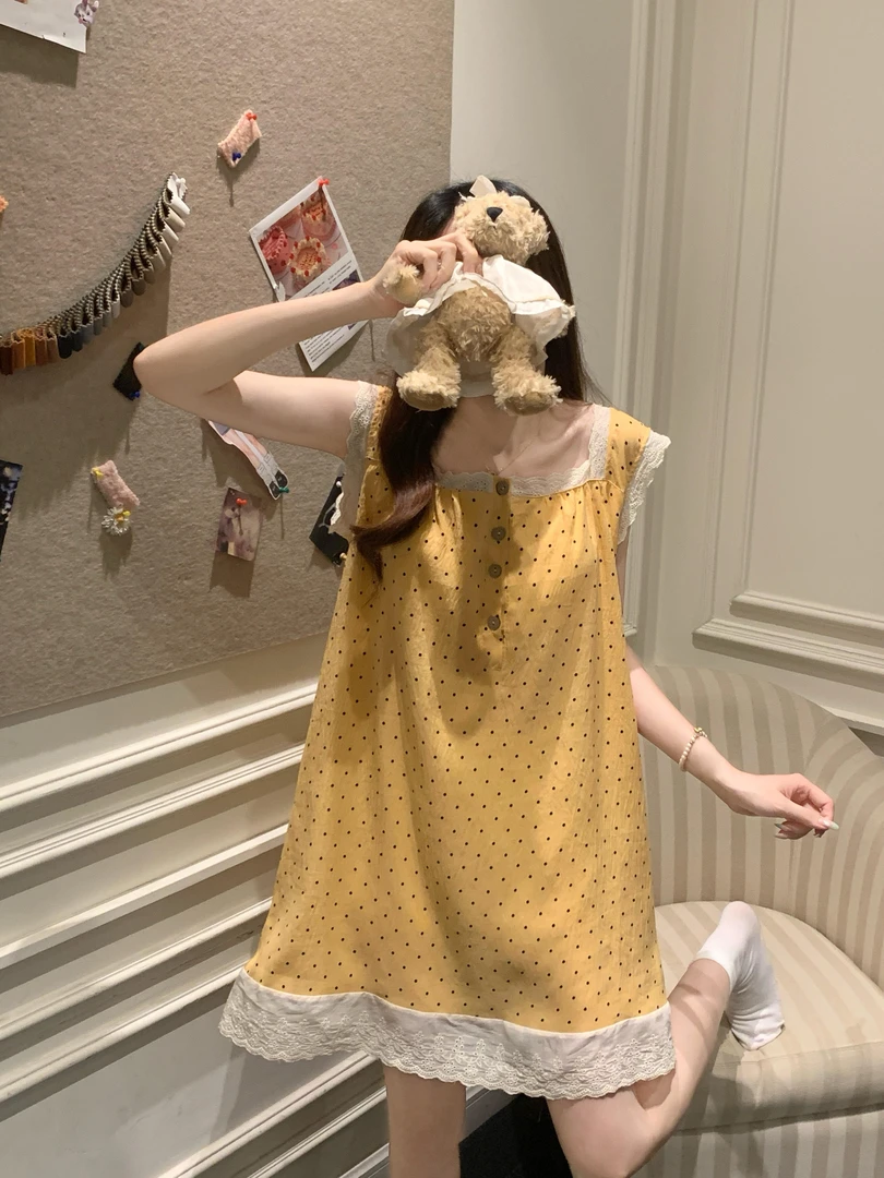 带胸垫睡裙女夏季新款云朵棉蕾丝花边ins少女公主风吊带无袖睡裙