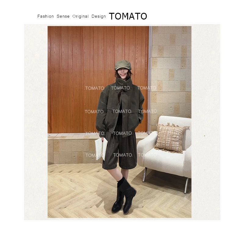 TomaTo-复古秋冬休闲毛领宽松短款立领麂皮棉服外套女C25WT10299