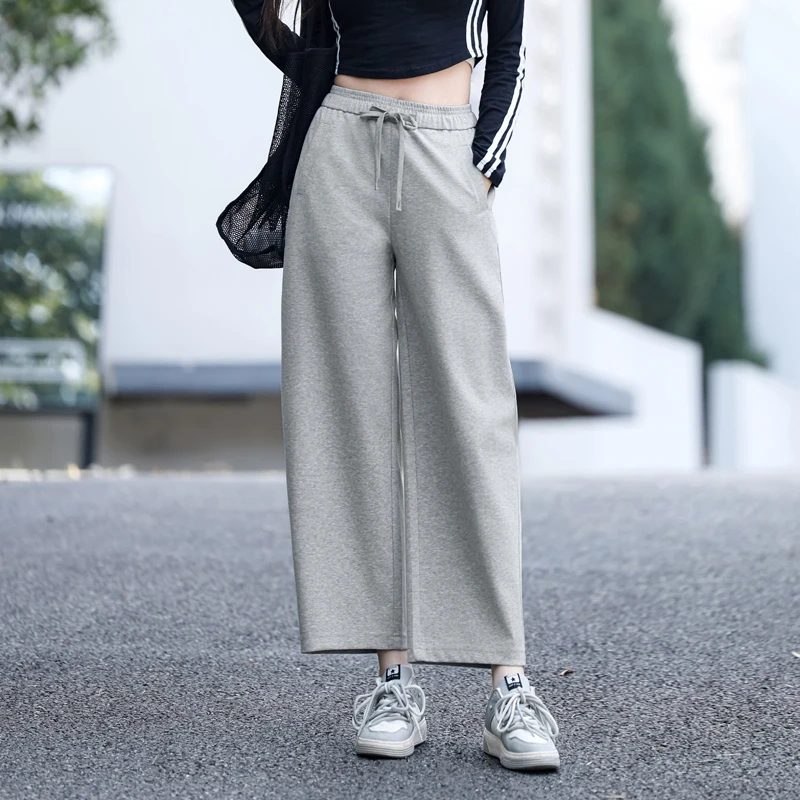 休闲裤灰色运动裤女2025新款春秋抽绳松紧腰裤子宽松九分镰刀卫裤