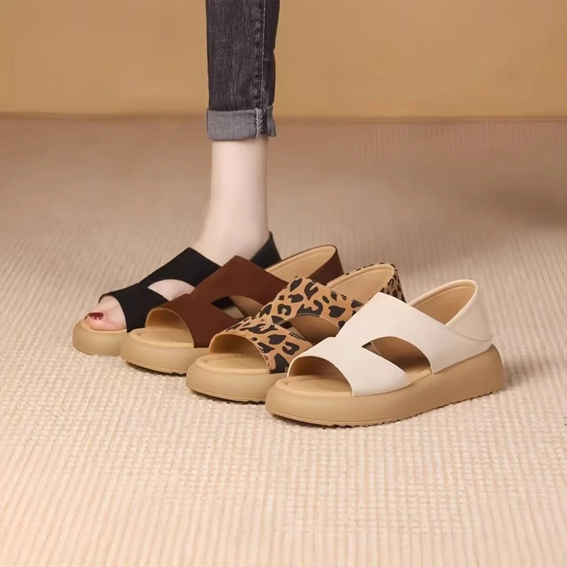 夏季凉鞋女2025露趾休闲舒适时尚复古百搭平底两穿真皮套脚罗马鞋