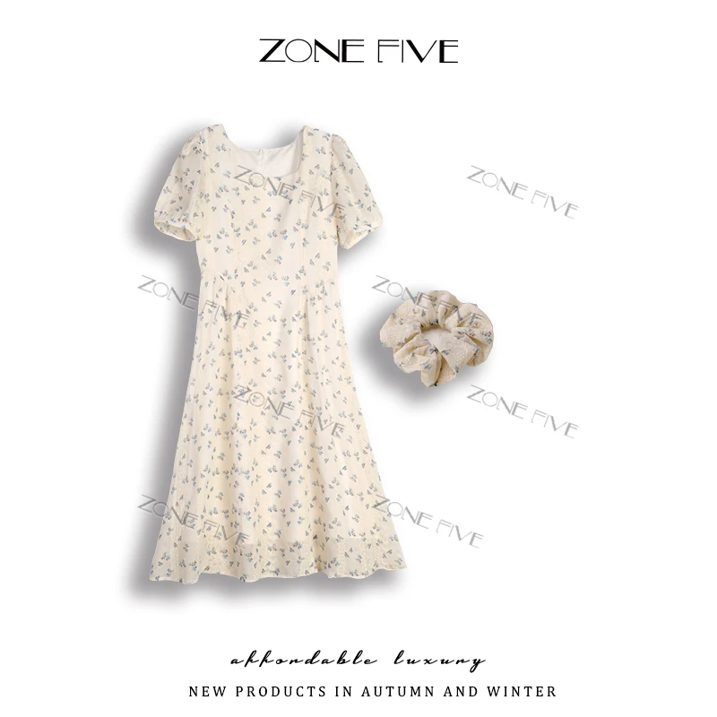 【zonefive】林中花语2025夏新款复古法式田园蝴蝶碎花连衣裙女