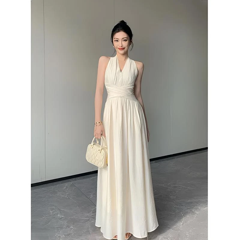 美神降临法式桃花皱感缎面绝美及地连衣裙收腰设计感显瘦气质长裙