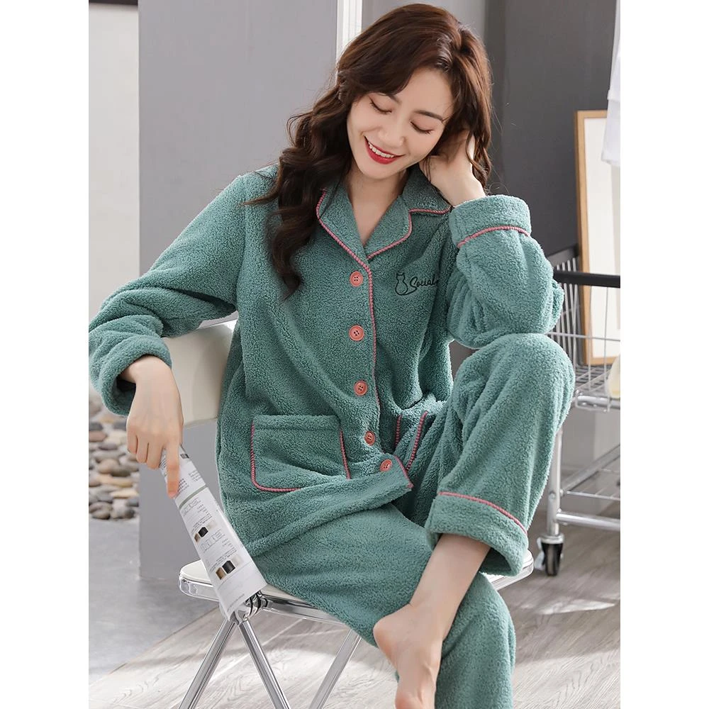维多利亚睡衣女士秋冬季冬天保暖法兰绒加绒加厚冬款家居服珊瑚绒