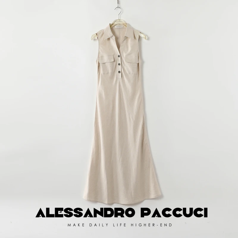 AP洛哥42066LL【野蔓】亚麻衬衫领无袖斜裁时尚气质文艺夏季连衣裙