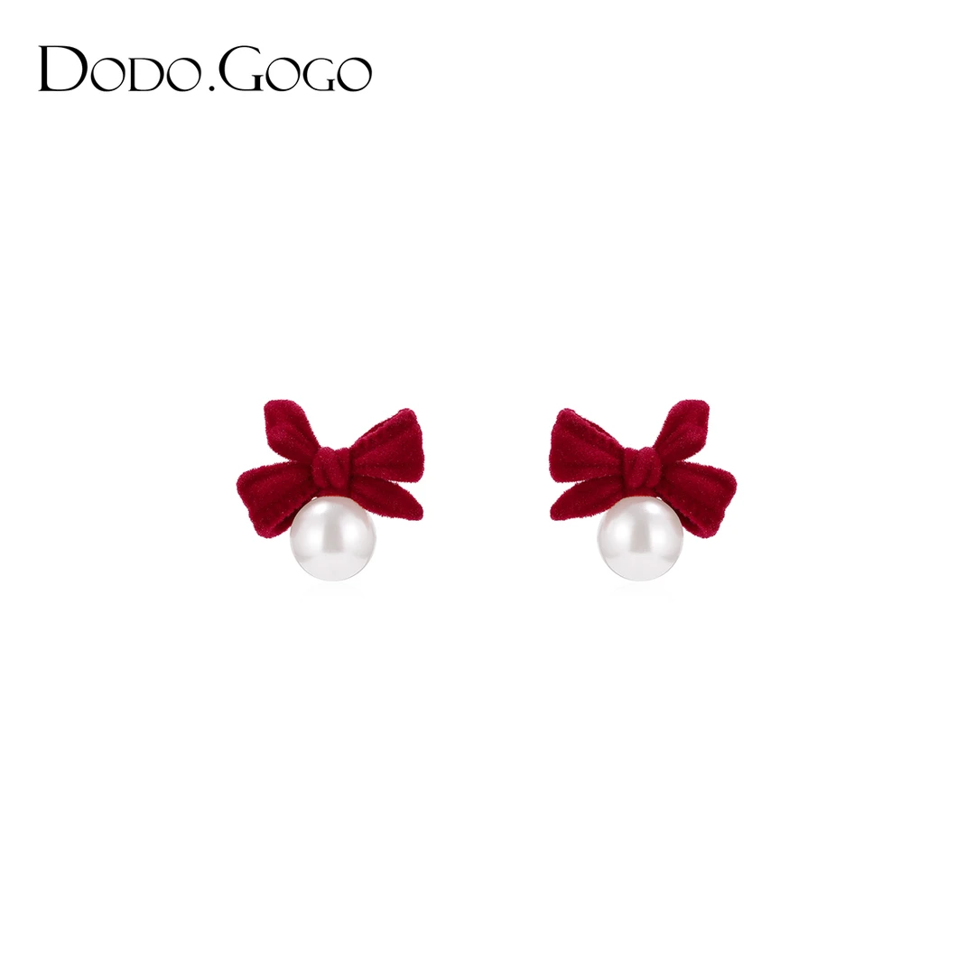 DODOGOGO 合金仿珍珠耳饰 红色蝴蝶结耳环少女气质高级感植绒耳钉