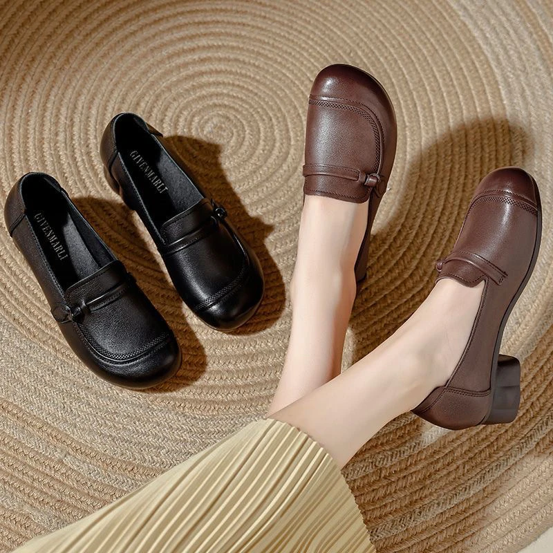 真皮单鞋女中跟妈妈鞋秋季女鞋防滑软底中老年女士皮鞋子复古牛皮