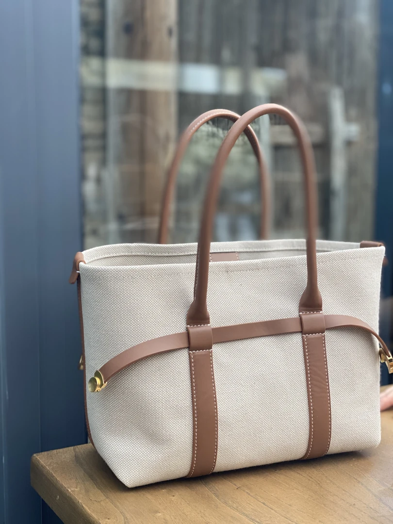 亚麻通勤帆布拼牛皮大容量手提包