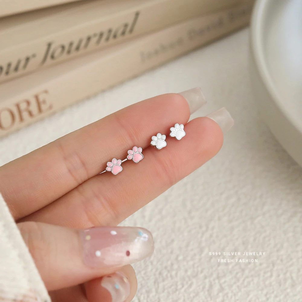 足银耳饰 s999纯银童趣可爱猫爪耳钉女小巧迷你小清新滴胶珐琅彩