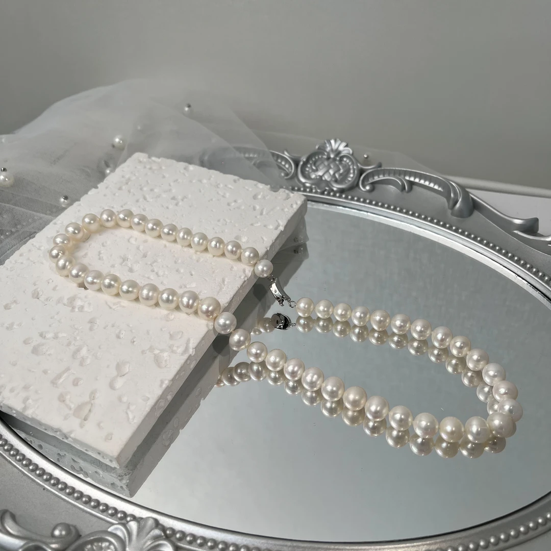 【雪雪推荐】S925银淡水珍珠白珠全珠链8mm左右