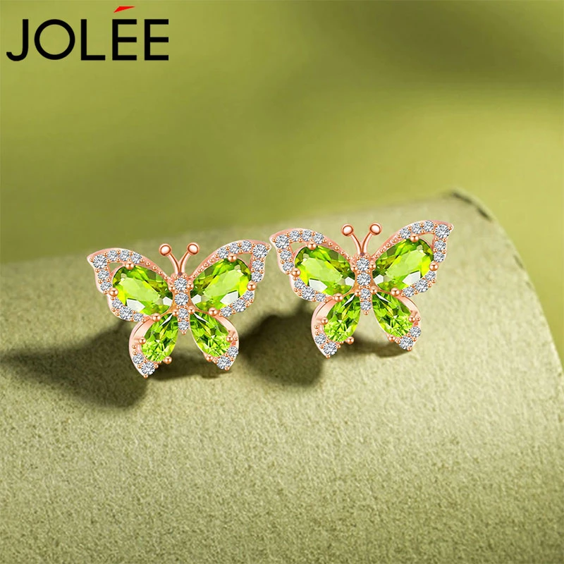 Jolee耳钉女S925银橄榄石轻奢时尚蝴蝶彩宝耳饰品送女士礼物