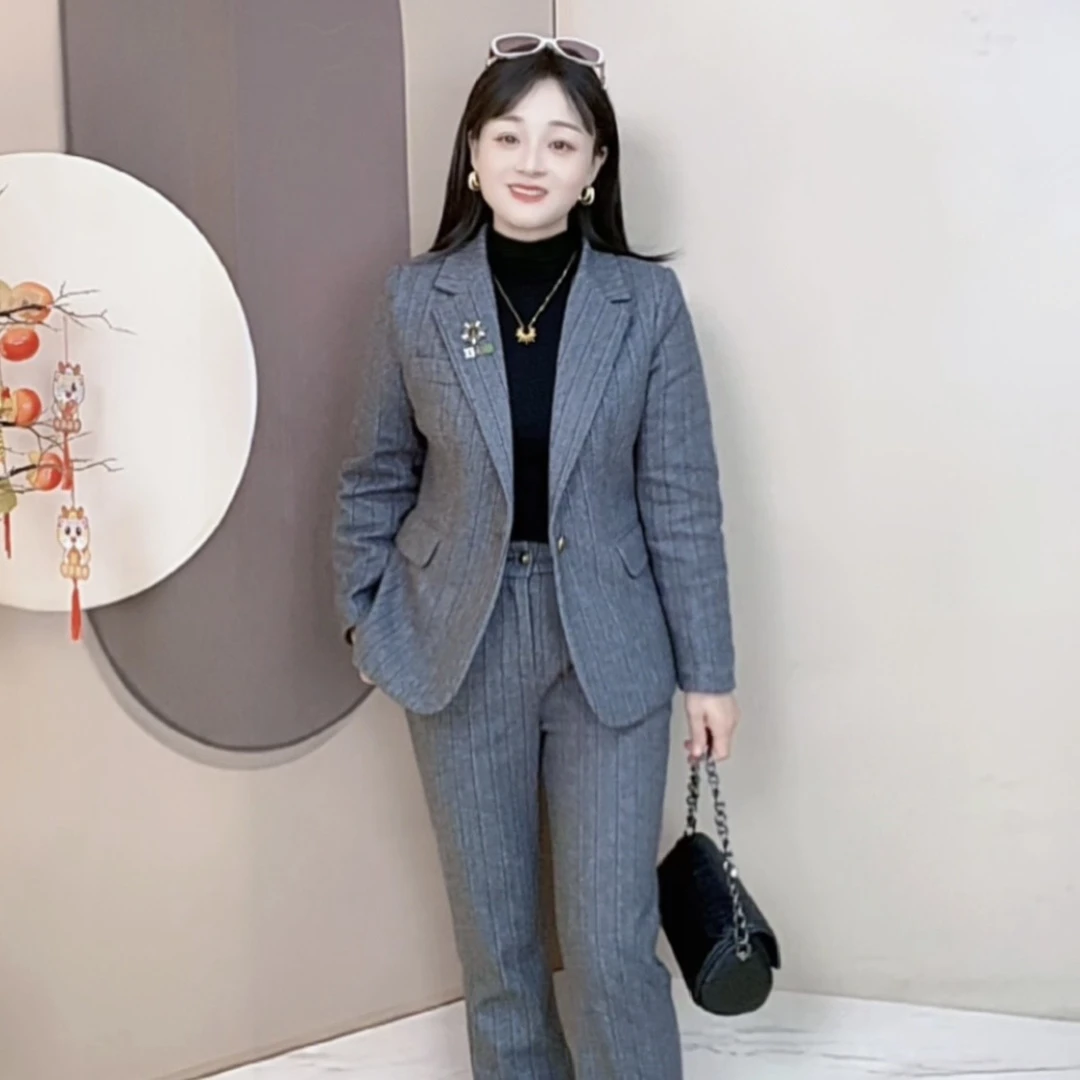 加棉款极简风格子平驳领女轻熟风西装气质显瘦格纹修身时尚25033