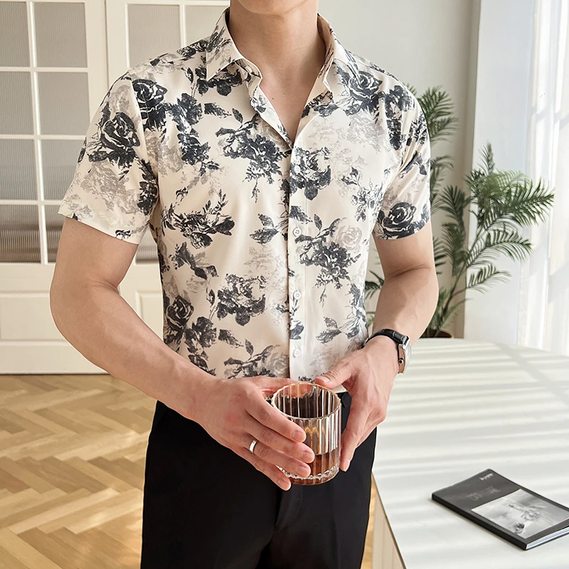 新款男士短袖衬衫商务休闲夏季薄款痞帅风时尚潮流修身韩版花衬衫