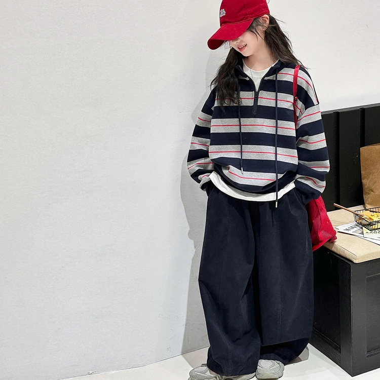 6-10-12-15岁初中女孩潮装女童秋季套装2025新款爆款儿童衣服条纹