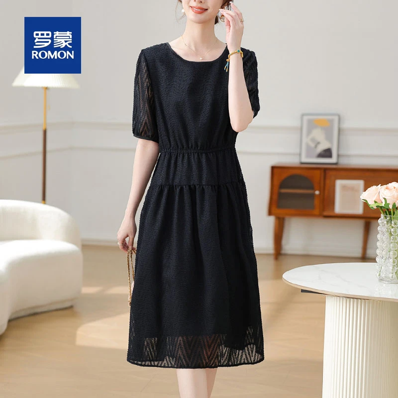罗蒙小个子妈妈夏装雪纺连衣裙2025新款中老年女装时尚设计感裙子