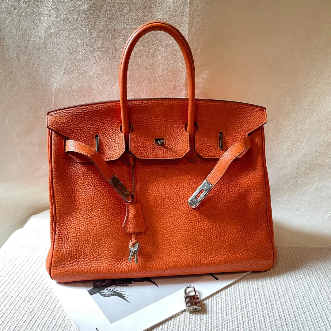 95新 Hermes/爱马仕 爱马仕/Hermes 橙色银扣Birkin35手提包框M刻