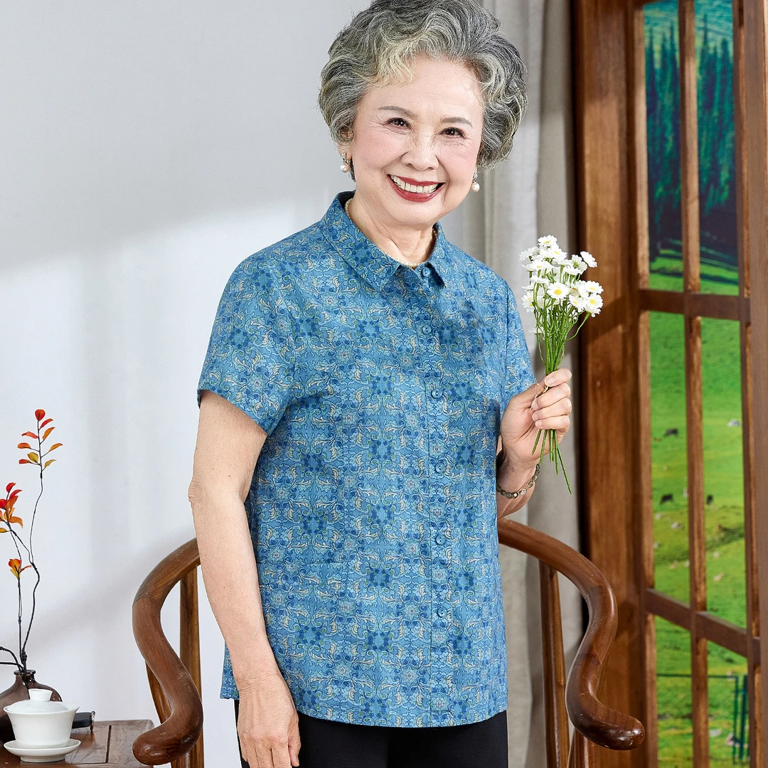 奶奶装夏季纯棉短袖开衫中老年人妈妈夏装宽松全棉衬衣小衫老太太