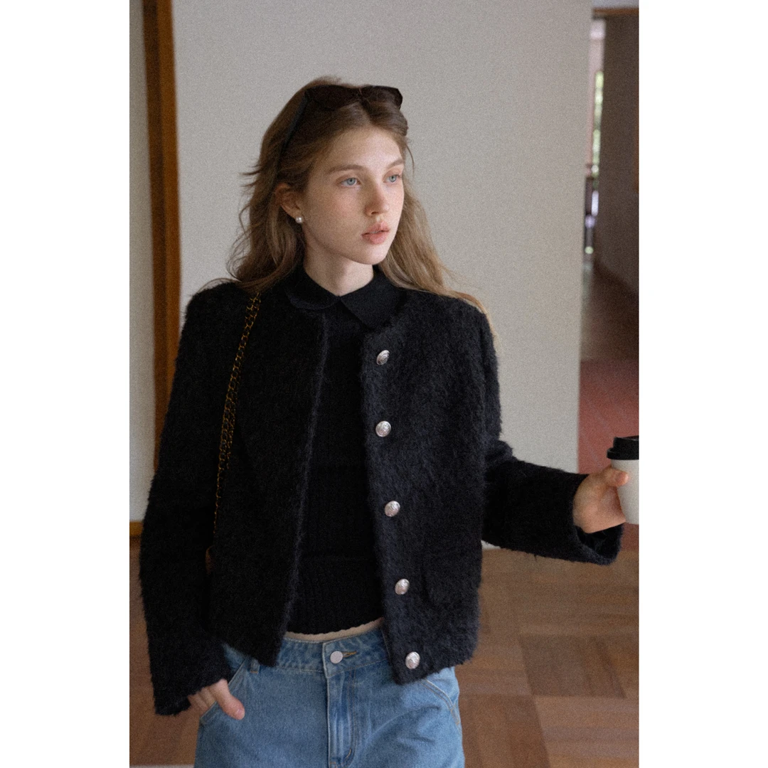 EGGKA法式小香风短款毛呢外套圆领单排扣高级感气质E25C60129AF