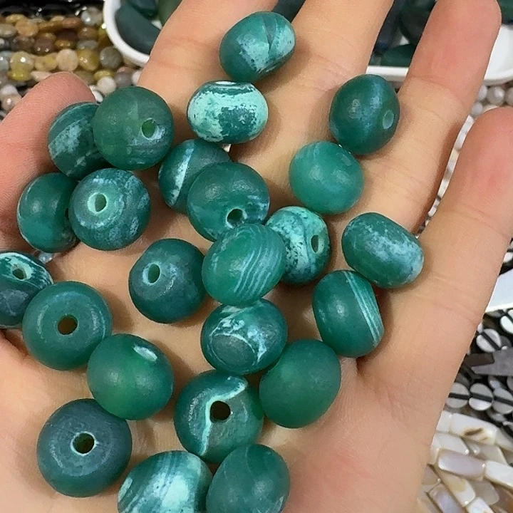 玛瑙/玉髓合金珠宝半成品4个14mm绿色老玛瑙大孔算盘珠