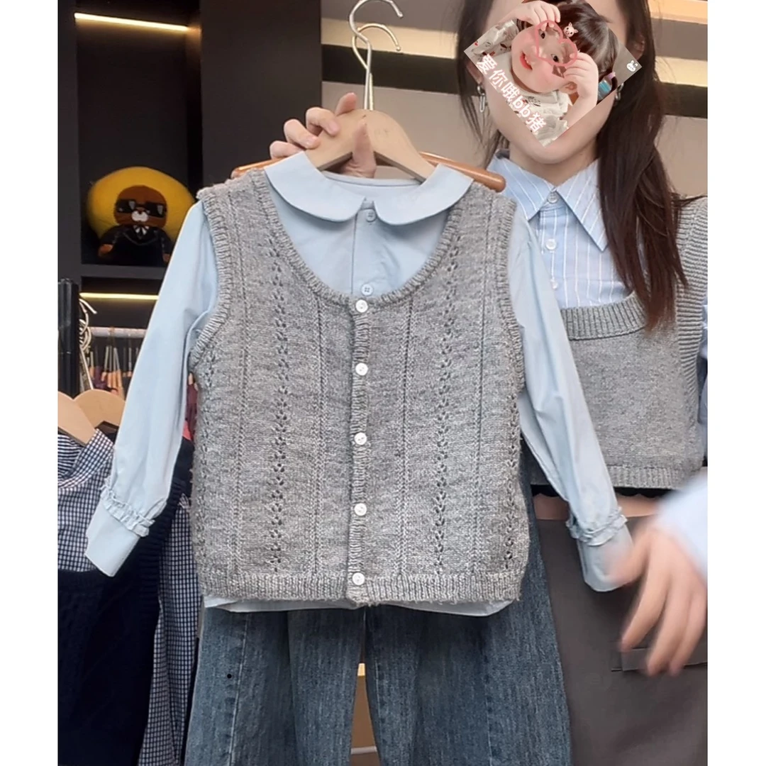 阿卷秋装儿童时尚镂空休闲灰色针织马甲加衬衫组合套装ZH0700