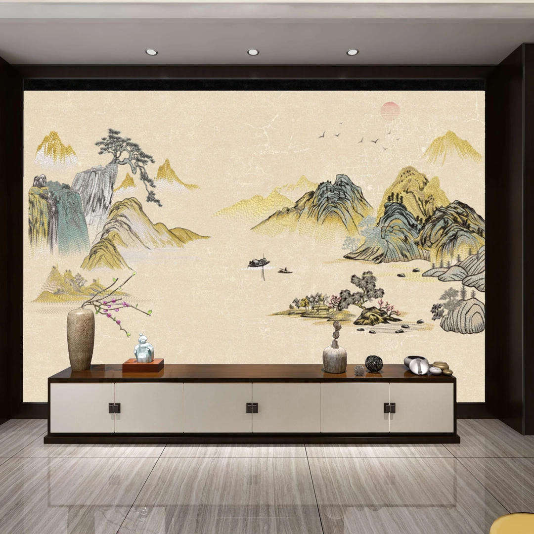 刺绣工艺新中式展示2025背景墙山水系列七彩福山刺绣墙布尺寸